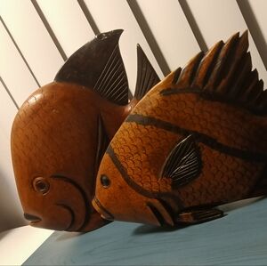 Two Beautifuly Handcrafted Solid Wood Fish Decor